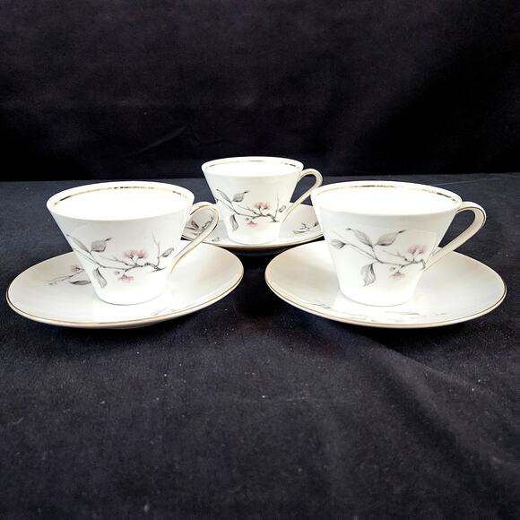 Schumann Arzburg Bavaria Tea Cup and Saucer Set of 3 Pink Flowers Gray Branches - Picture 1 of 8